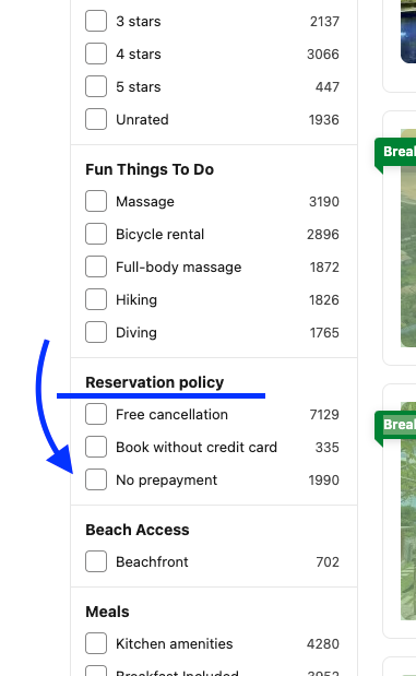 Booking.com search filters