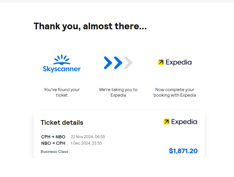 Skyscanner showing an airline mistake fare on Expedia