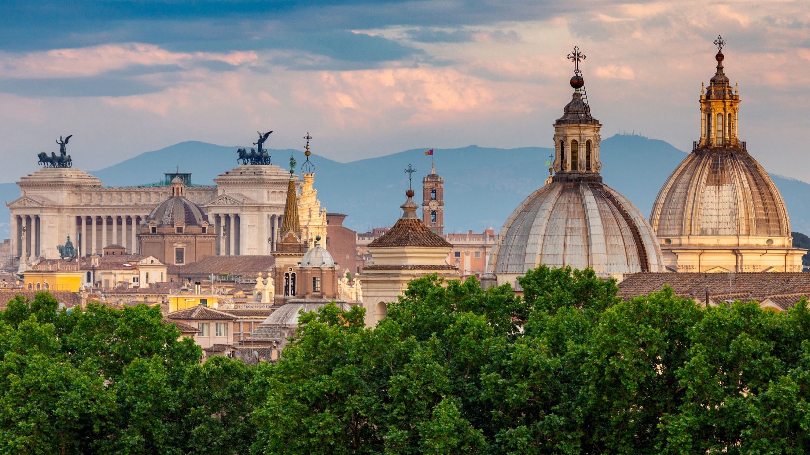 view of the skyline of Rome from Aventine Hill