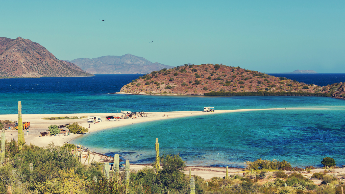 Bay with the ocean on all sides and white sandy beaches with people staying in RV's and enjoying the beach that is surrounded by cactus and mountains in the desert