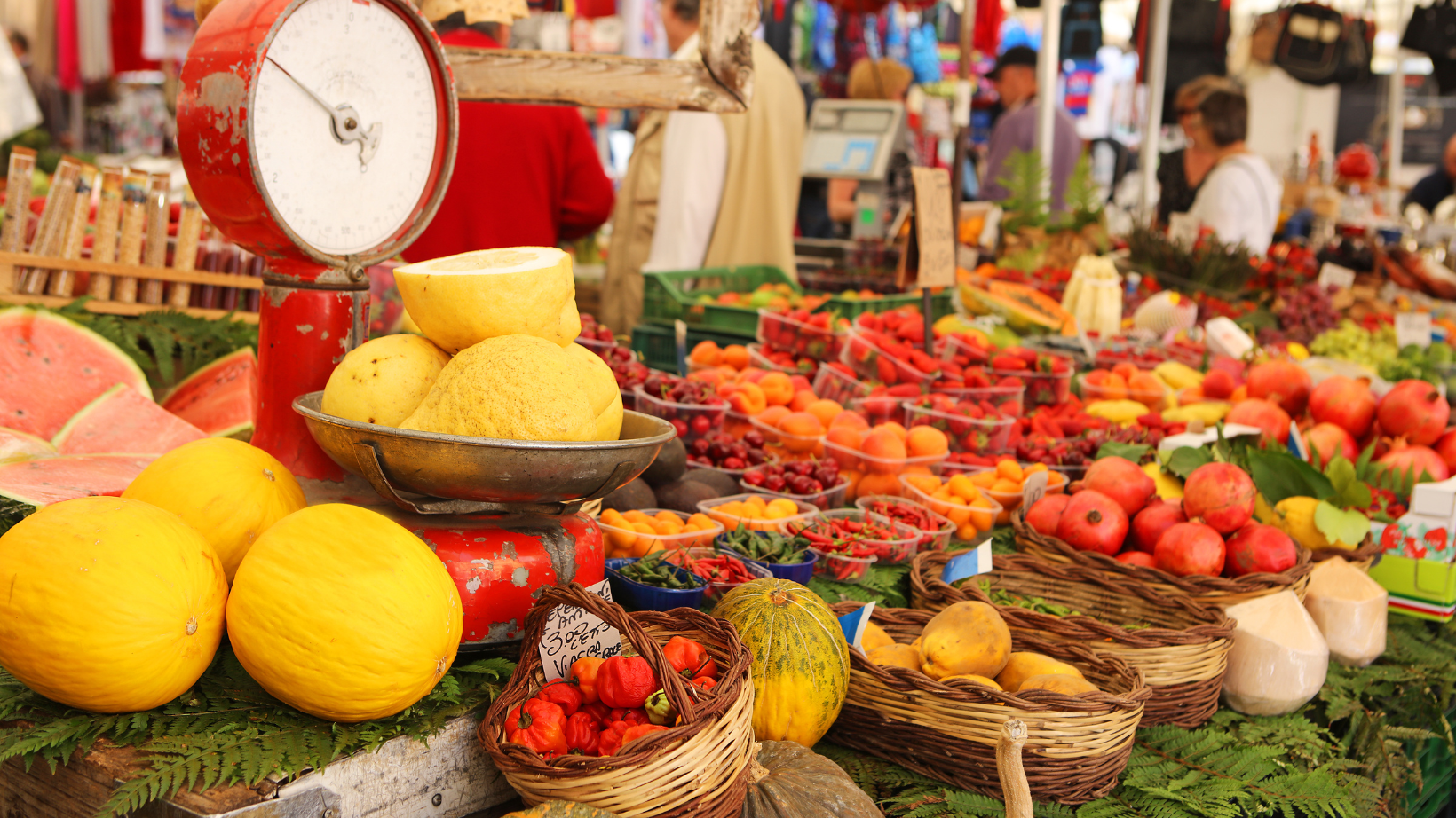 open air market in Rome with many veggies and fruits for sale with scales to weigh the produce