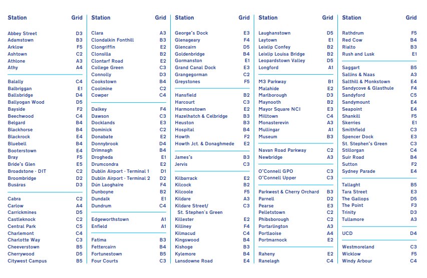 shows a complete list of names for all the different rail stations in Dublin for DART, Luas Tram, and Commuter Trains