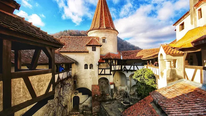 looking down inside of Bran castle courtyard which shows clay shingles and bick throughout the courtyard. For being Dracula's castle, it's really pretty with plants and trees planted