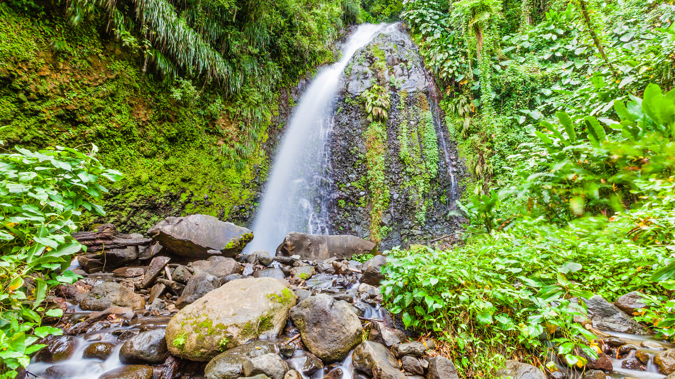 A waterfall Dark View Falls in St. Vincent running down the side of a lush green mountain side