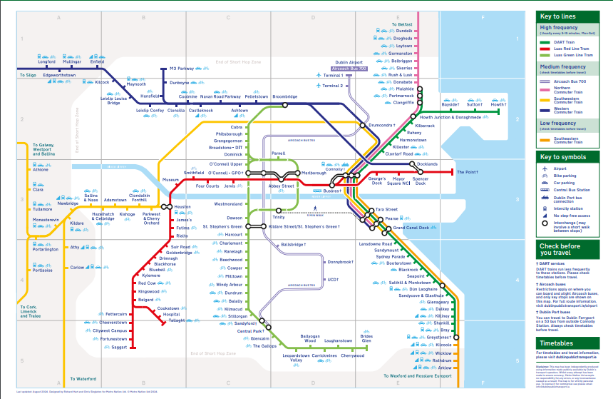 shows a color coded map of Dublin's DART, Luas Tram, and Commuter Trains and stations