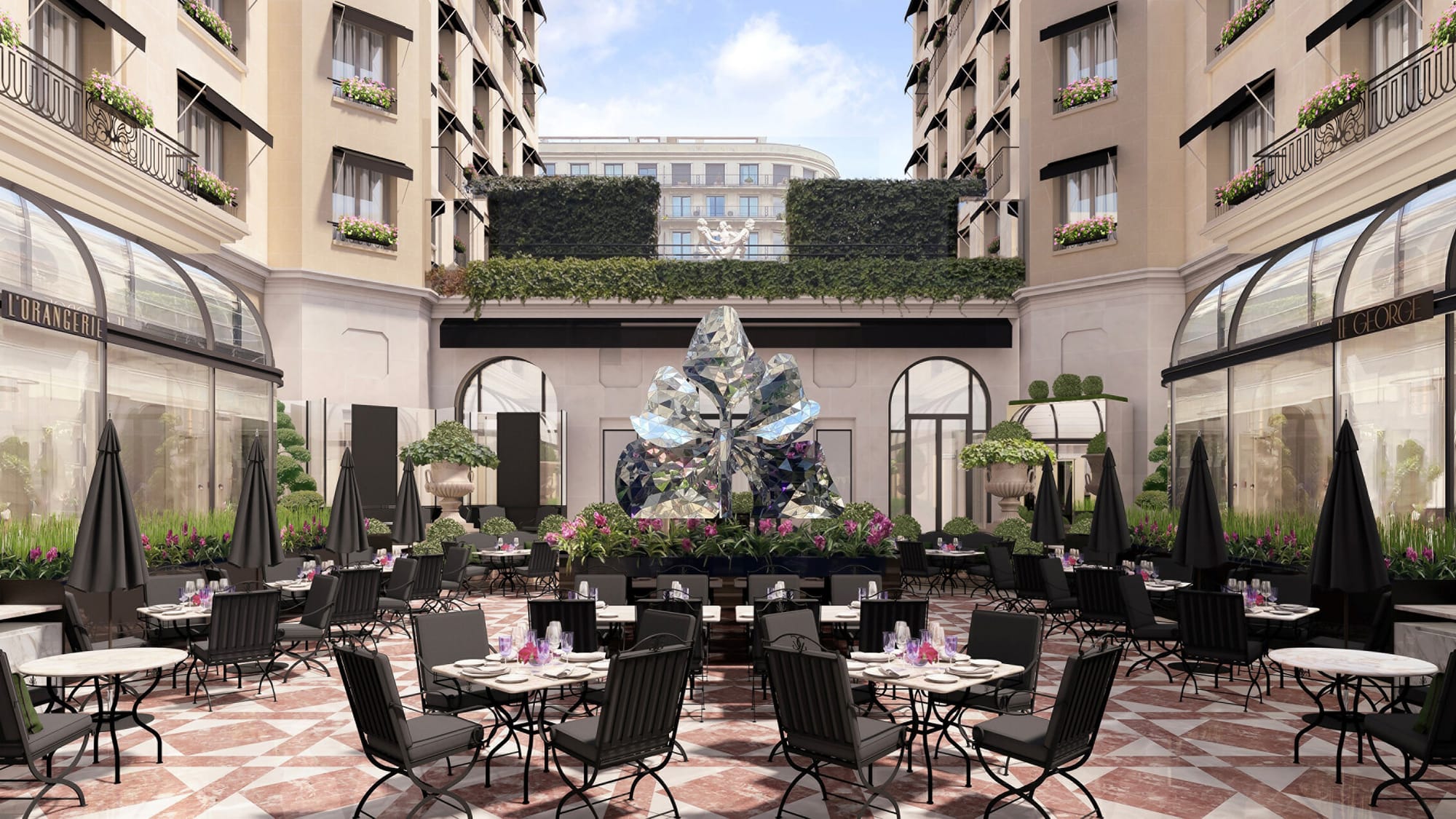 indoor courtyard dining area at the Four Seasons Hotel George V is open air with partly cloudy skies