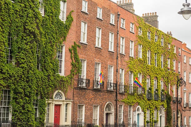 Georgian Dublin architecture featuring elegant brick buildings with ivy-covered facades and colorful doors, showcasing the classic 18th-century design and charm of the area