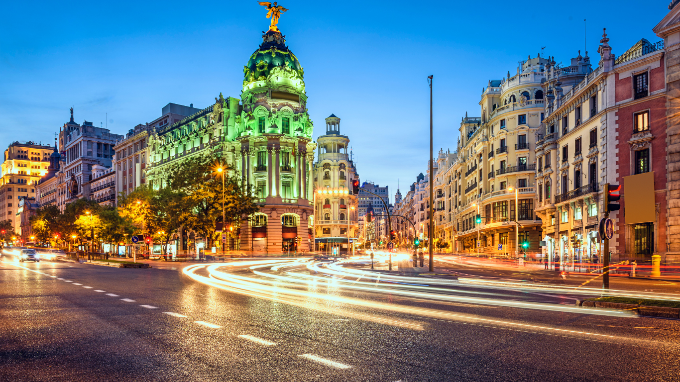 Gran Via Street view at night in Madrid, Spain.