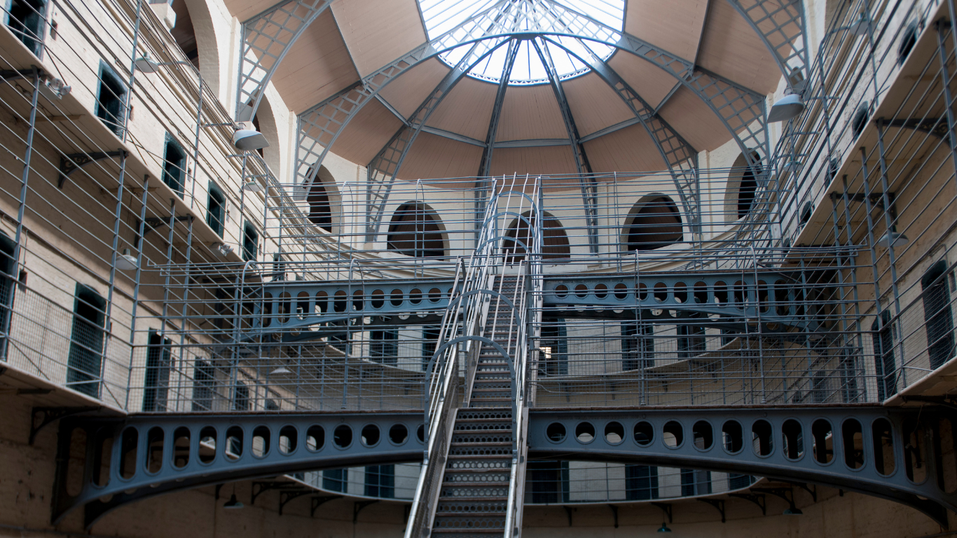 inside of a prison museum at Kilmainham Gaol showing the walkways for prison guards