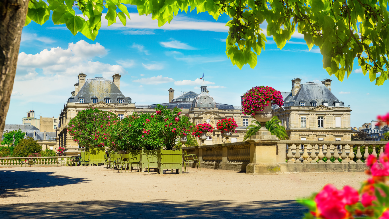 spring flowers at Luxembourg Gardens in Paris view of the courtyard