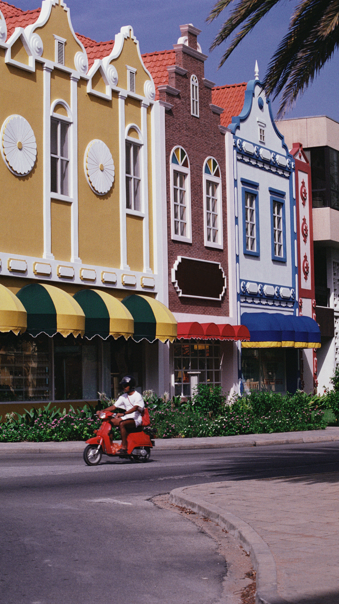 Man on a motor bike in front of colorful street front businesses in Aruba.