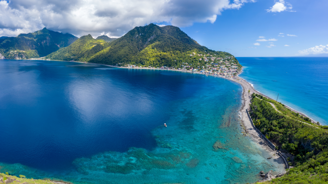 Ariel view of Scotts Head Marine Reserve which shows beaches on the sides of mountains