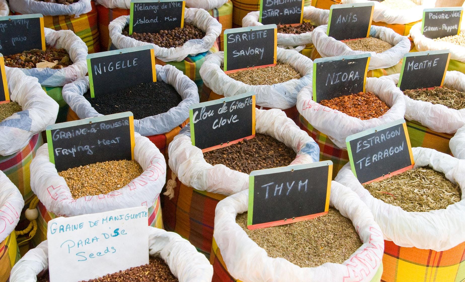 barrels of different types of Spices in Grenada