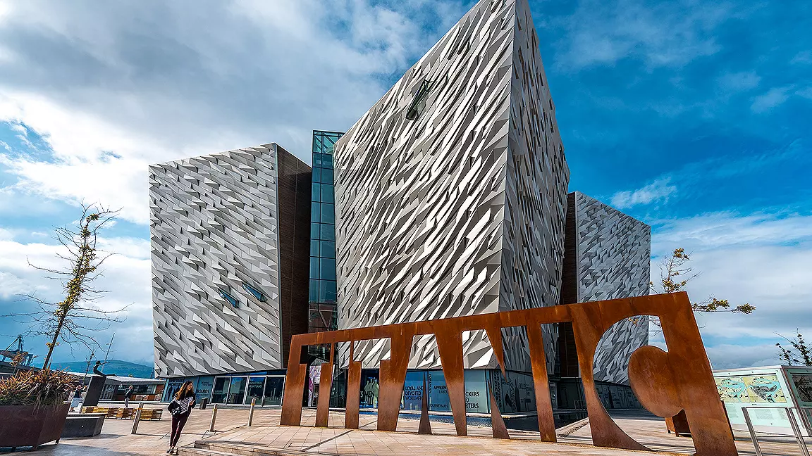 really futurist building that says titanic in front of it carved out of wood at the Titanic Belfast