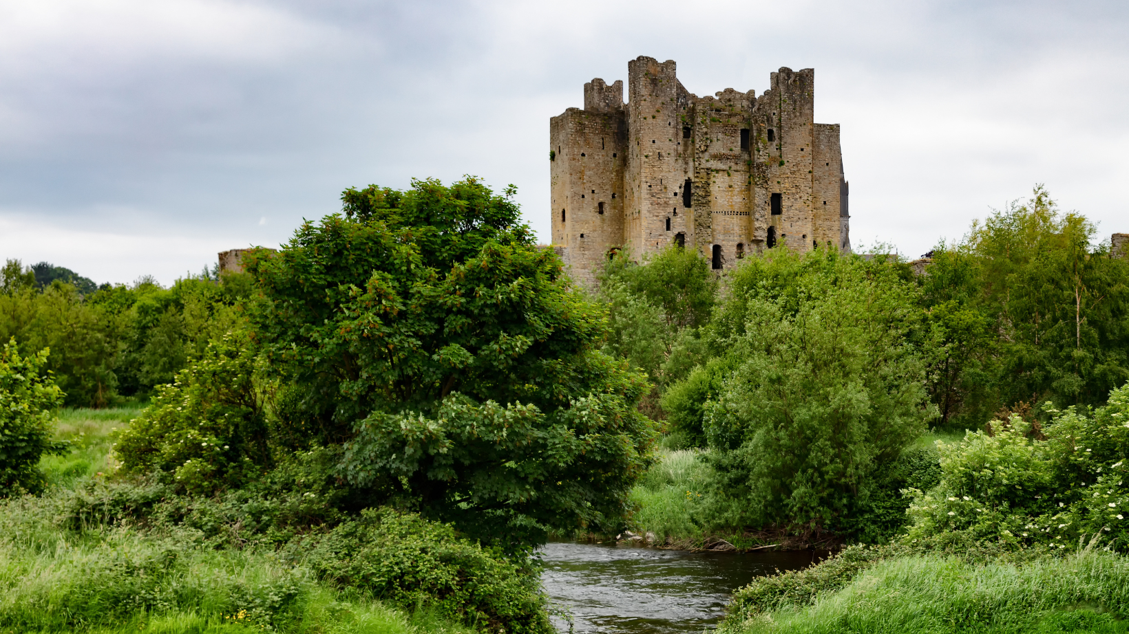 a castle with trees and a river running in front of it