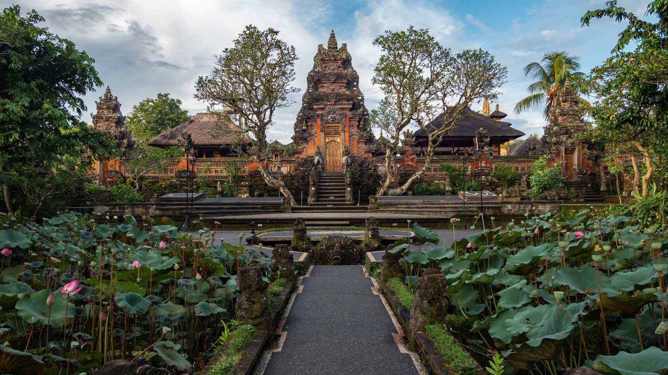 big green leafy plants with a single stem and a pink bloom on top with a walkway leading to a very old ruin that is beautiful in Ubud, Indonesia