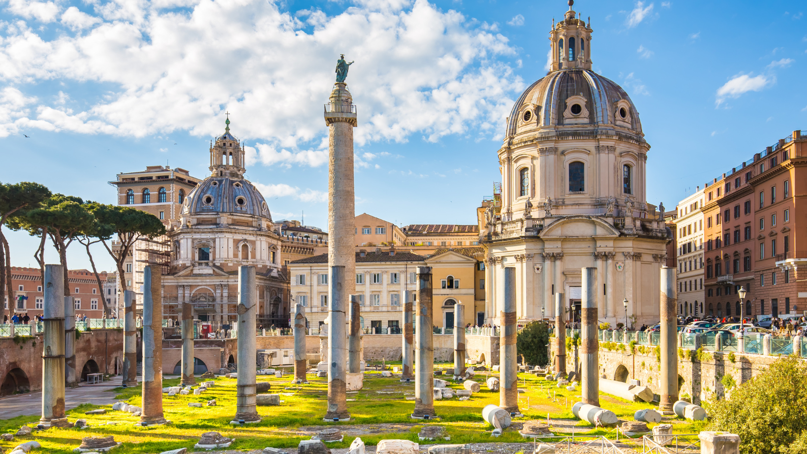 The Roman Forum In Rome's Springtime with green grass and a spring look in the sky