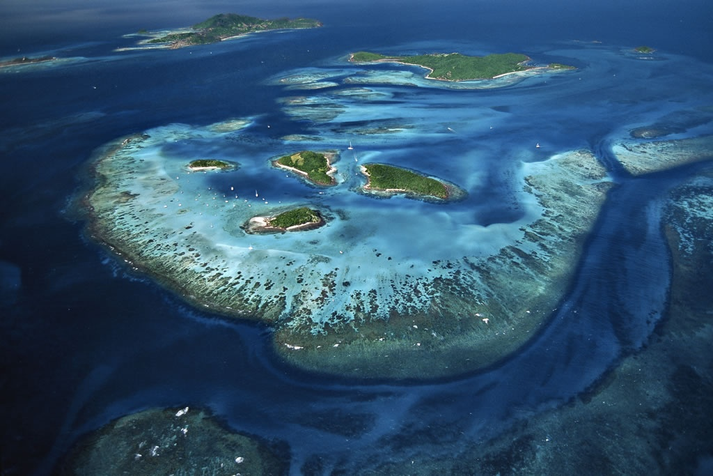 Ariel View Of Tobago Cays which is a collection of islands protected by a reef with crystal clear Caribbean waters