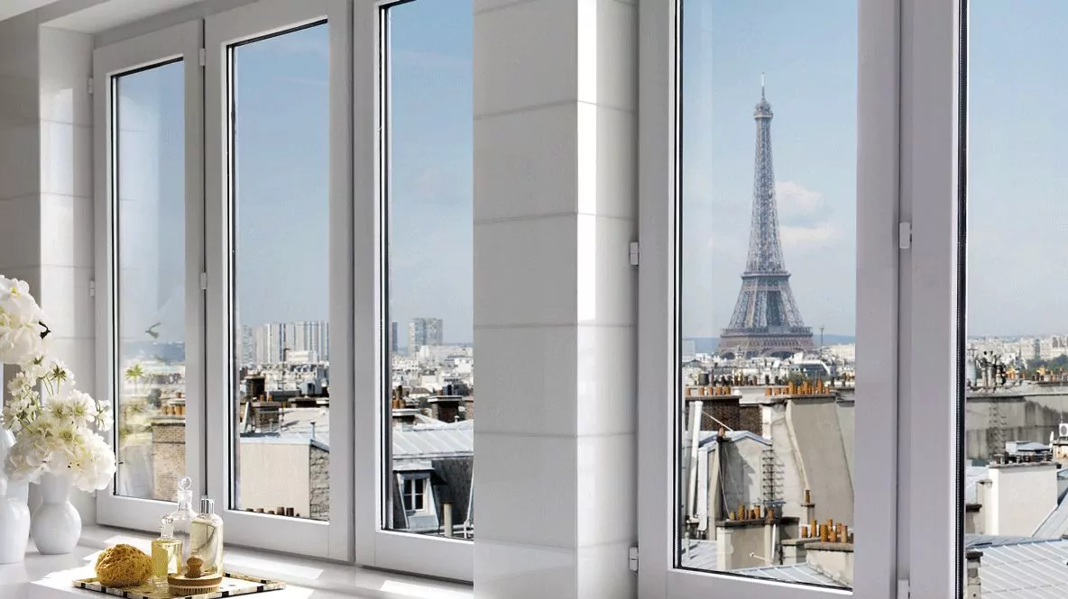 view of the Eiffel tower from inside a guest room at Mandarin Oriental Paris