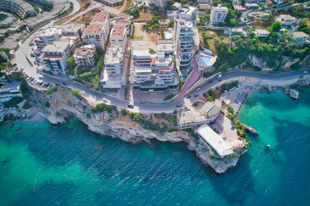 clear waters of Vlorë from an Ariel view along the rugged shore line