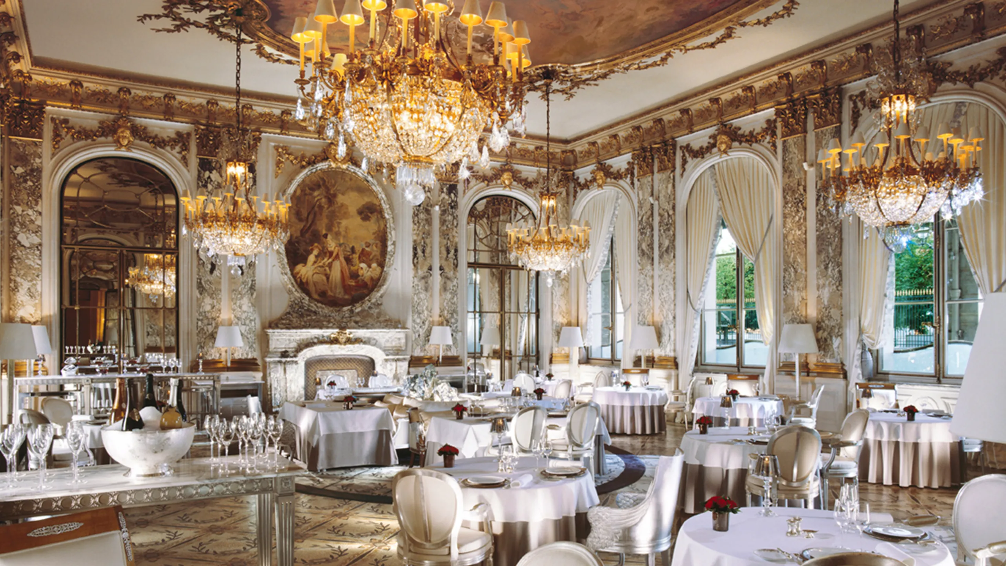 indoor dining room at the Le Meurice hotel in Paris