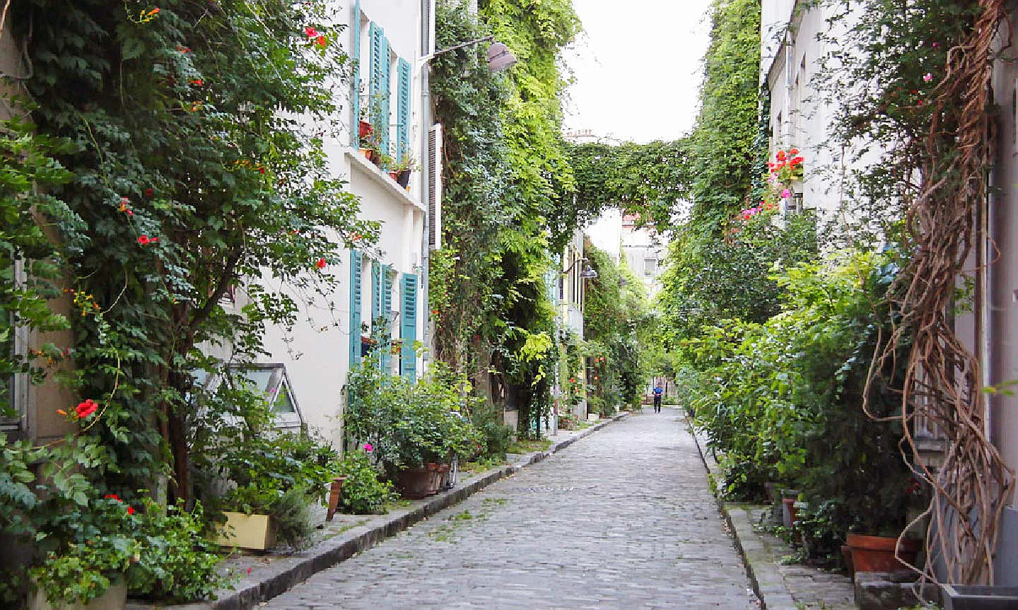 cobblestone steets in 14th Arrondissement in Paris, France covered in plants and vines are crawling up the buildings