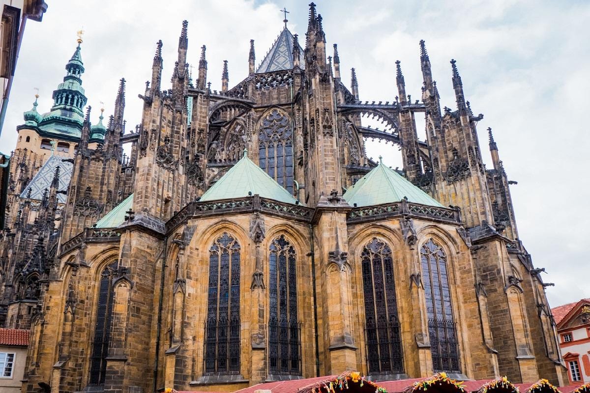 Prague Castle in the Czech Republic, a sprawling complex with Gothic spires and historic buildings overlooking the city.