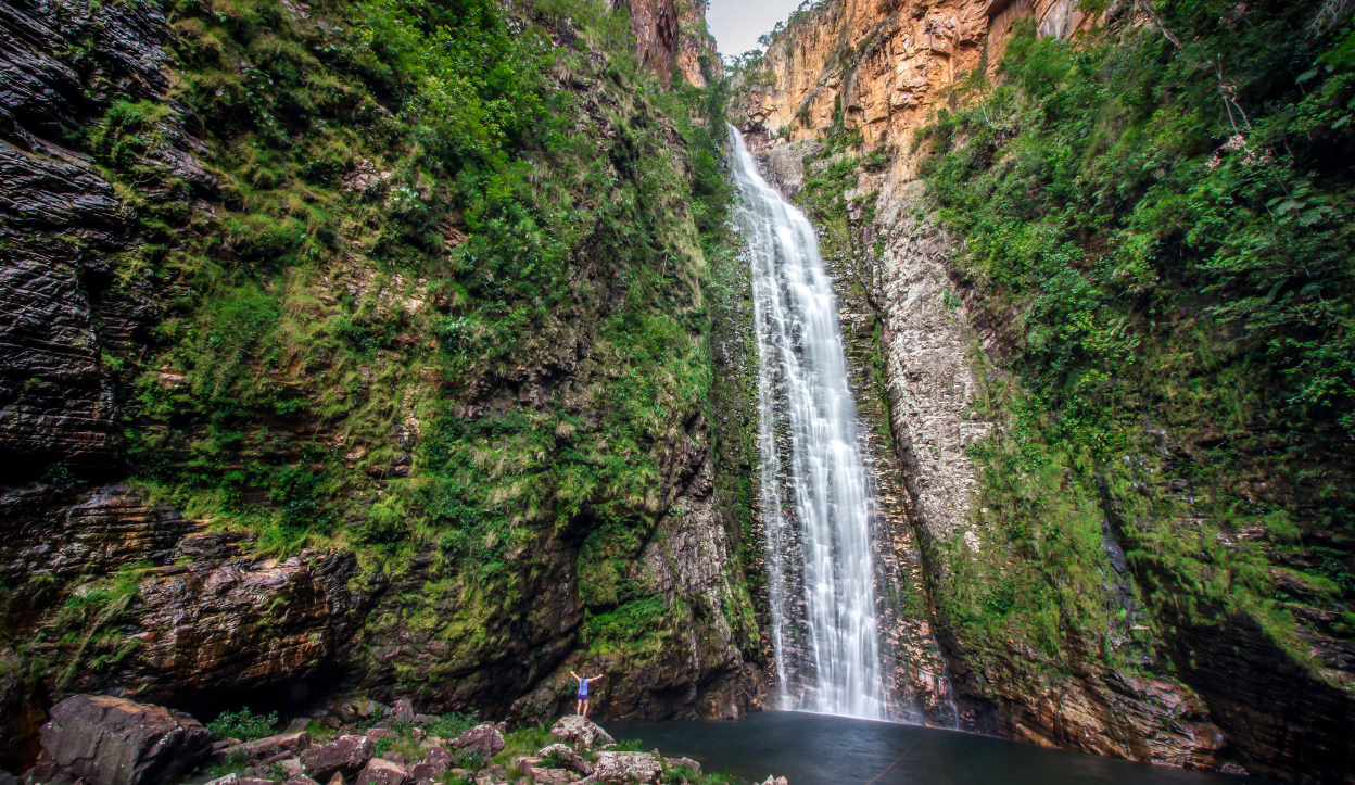 single waterfall falling down a lush cliff side surrounded by green foliage at Chapada dos Veadeiros National Park