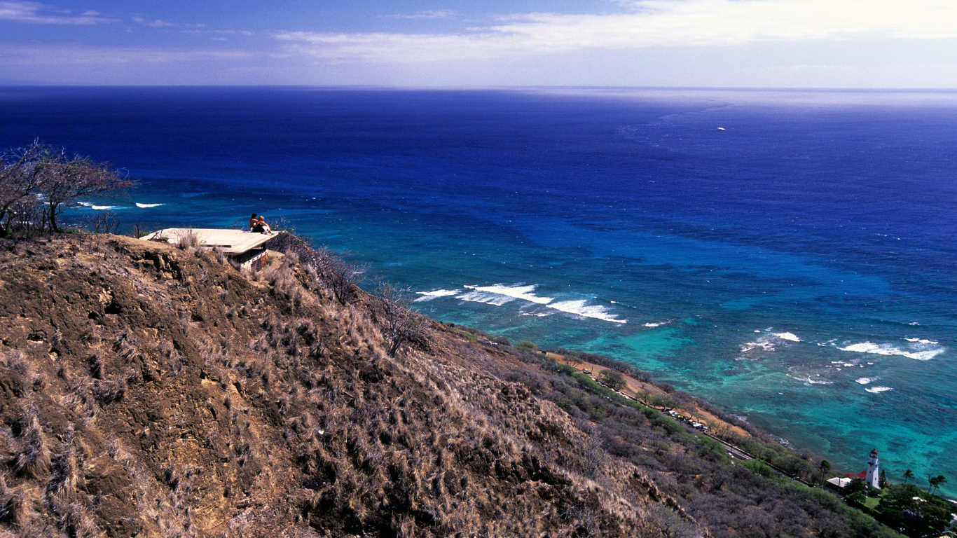 Waves crashing in to cliff side shores in Diamond Head O'ahu Hawaii