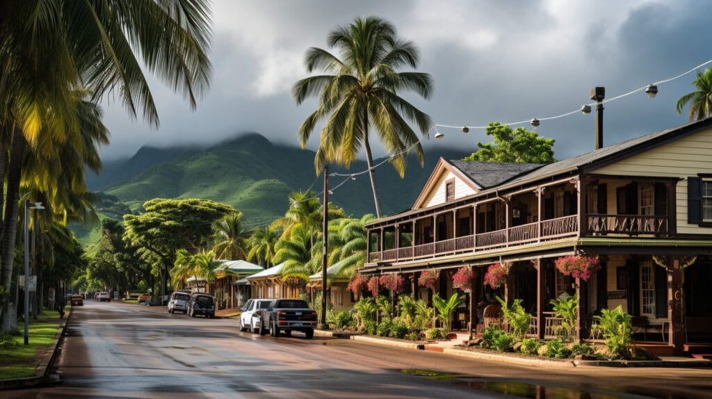 Road running through Old Lihue, with a 2 story building and cars on the side of the road with a foggy mountain in the background. 