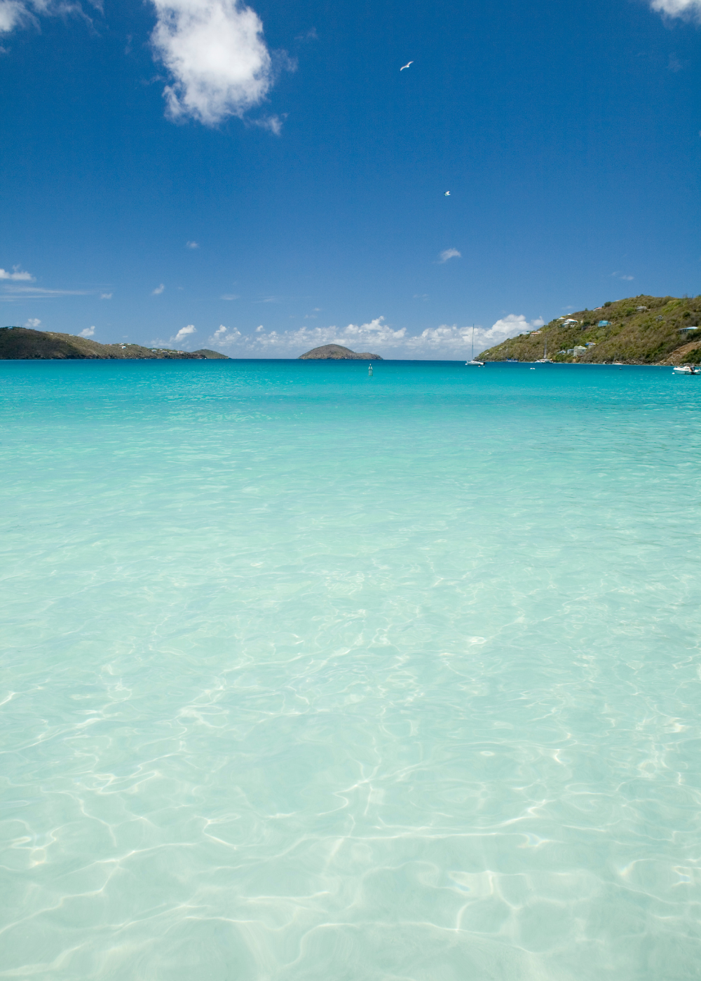 clear Caribbean blue waters at Megan's bay with white sandy bottom that look perfect for playing in the water