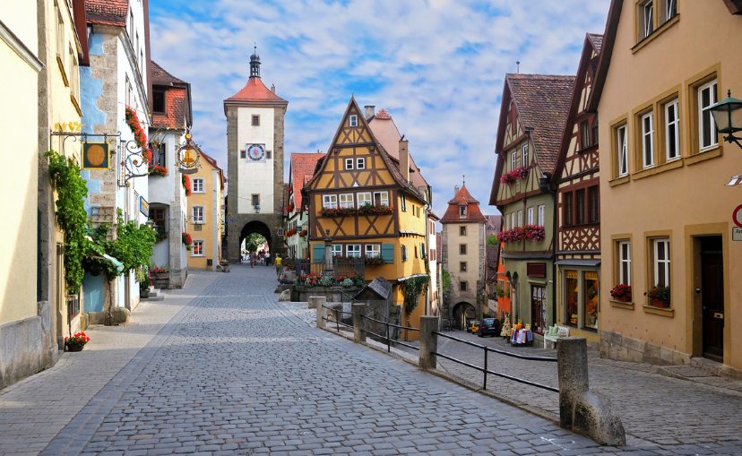 brick road with Bavarian looking buildings in Rothenburg ob der Tauber, Germany