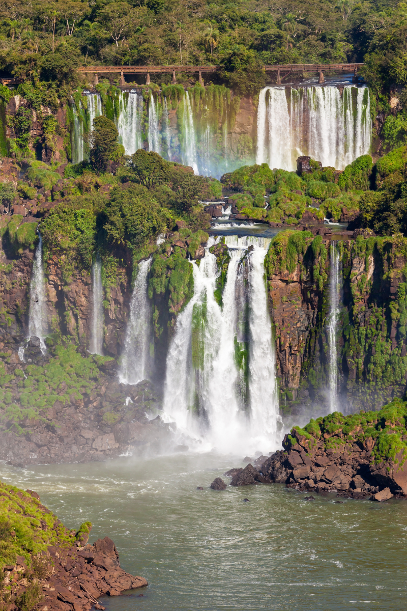 Ariel view of San Martin Falls shows tons of little water falls coming down off an upper and lower level at Iguazu Falls