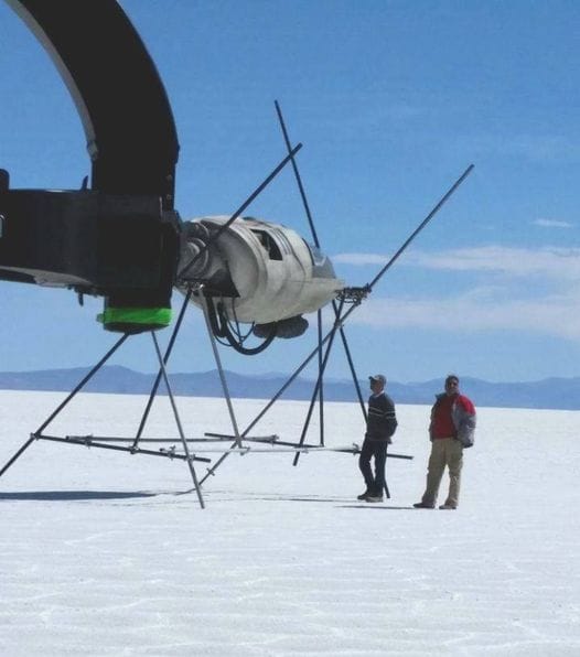 Star wars vehicle prop being set up in the Salar de Uyuni in Bolivia