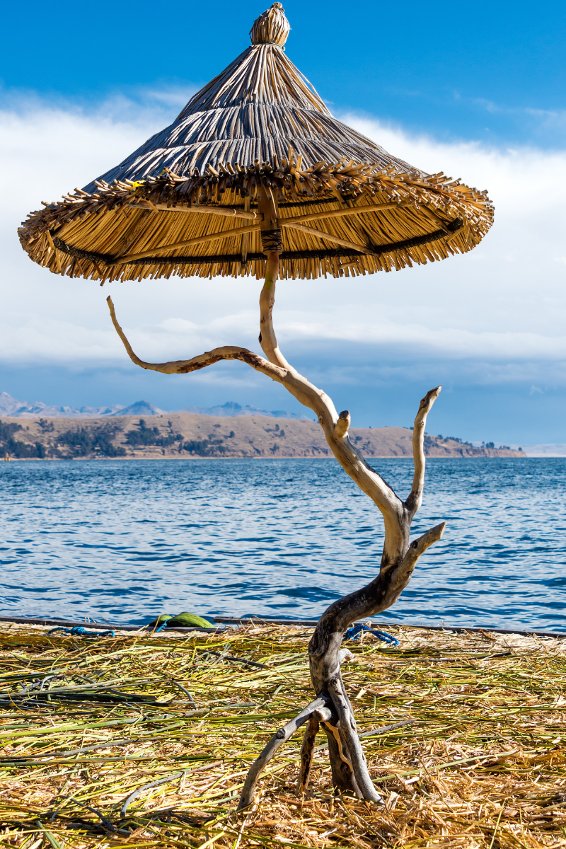 Umbrella made from reeds on Lake Titicaca that is on the floating Uros islands 