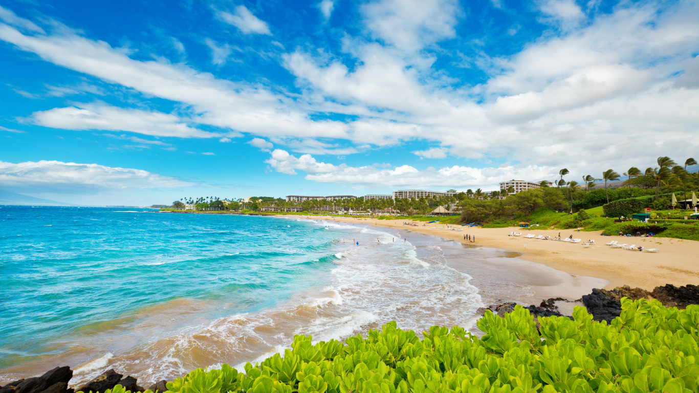 beach in Wailea, Maui Hawaii during the sunny part of the day with beach goers laying out on the sand