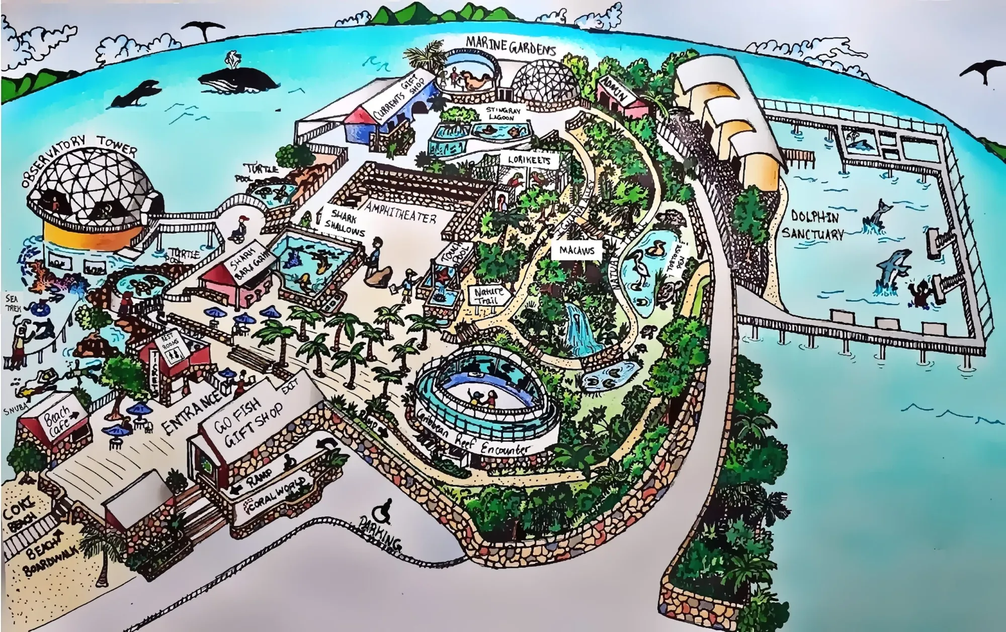 Map of Coral World Ocean Park cartoon map illustration 