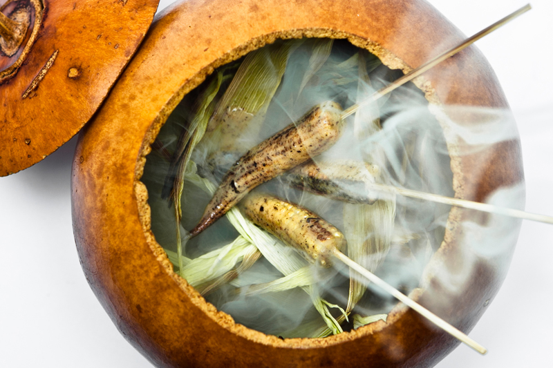 little corns being smoked in a pumpkin 