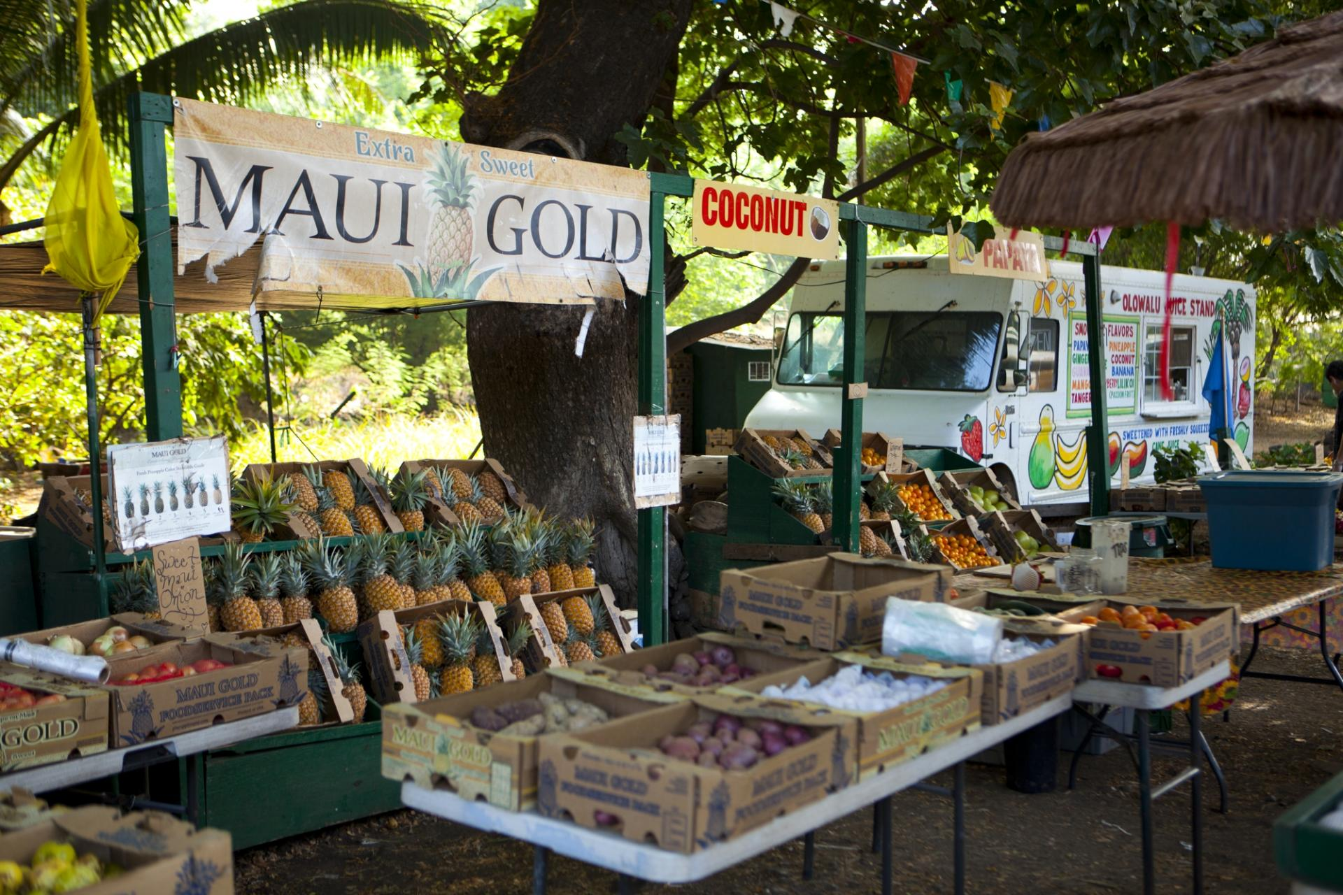 fresh fruit places in stands at the Olowalu Farmers Market in Maui