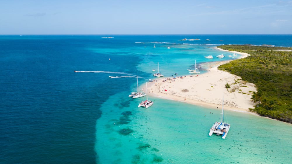 Catamarans anchored in the shallow waters next to a white sandy beach in clear blue waters.