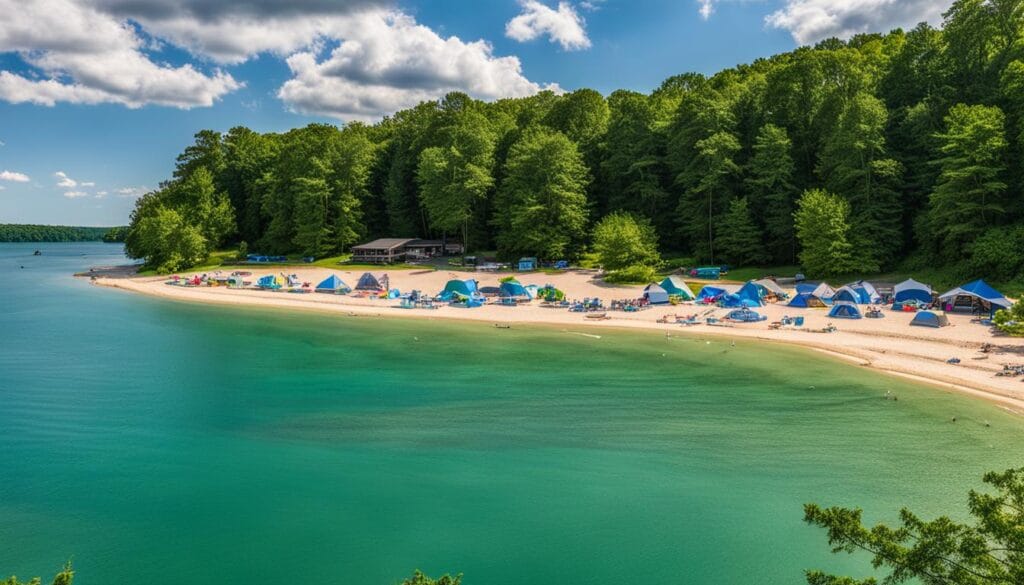 A beautiful beach with waters that look like the Caribbean Ocean on lake Erie in Geneva State Park Beach (Geneva, Ohio)