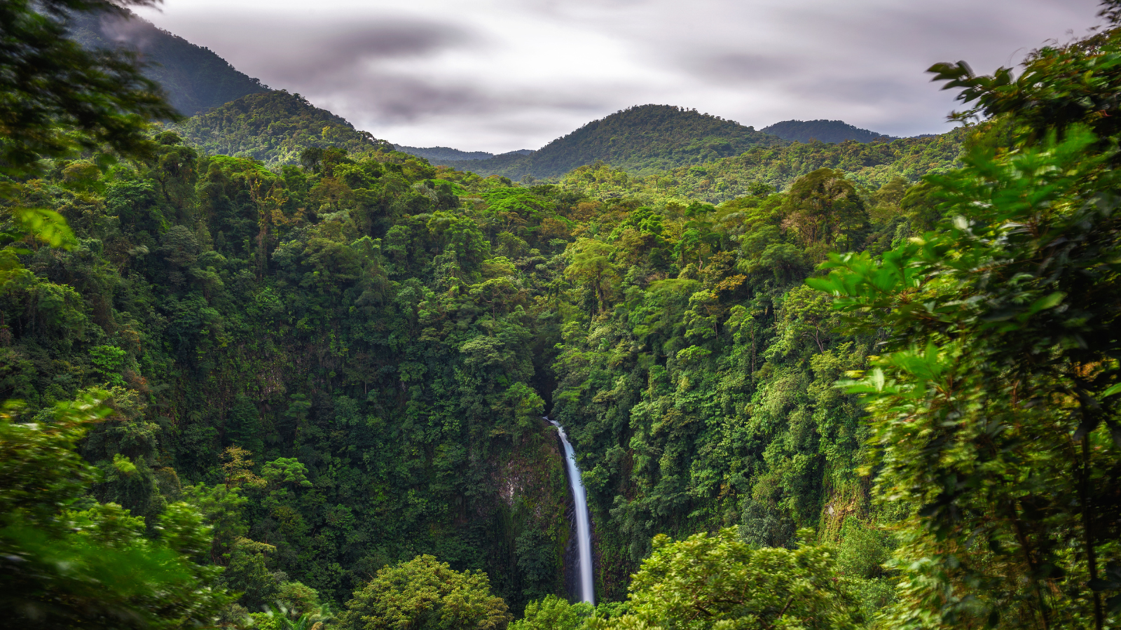 A waterfall falling into a tropical dormant volcano. The Fortuna volcano has been inactive so long that it's turned into a tropical jungle instead of a barren volcano like most. 