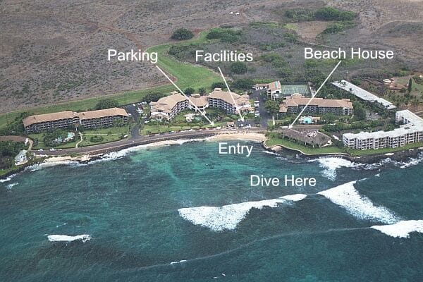 Ariel view of Lawai Beach showing where the beach house, parking, and diving areas are. 