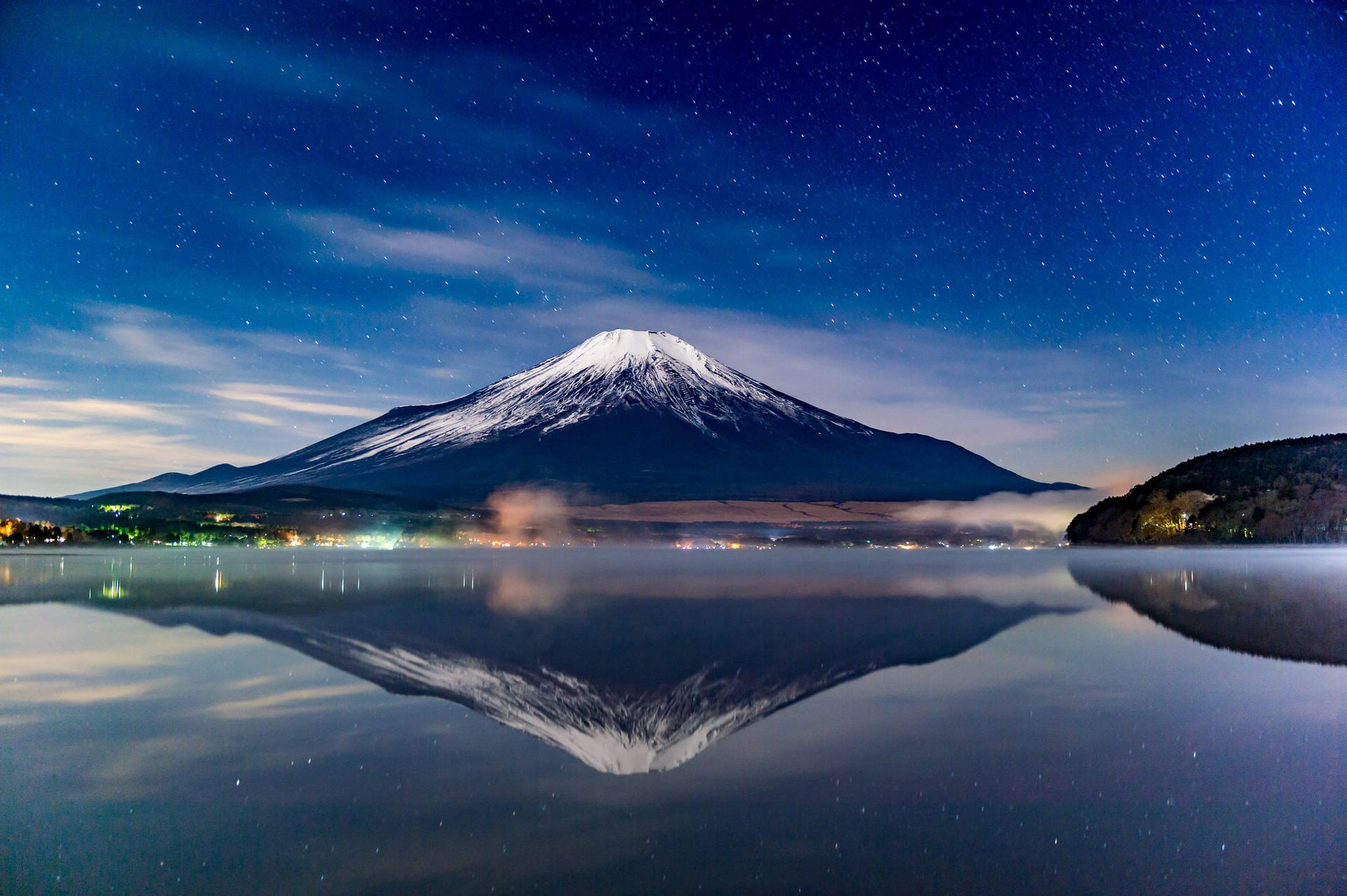 View of  Mt. Fuji and it's reflection off the water as the sunsets in Tokyo