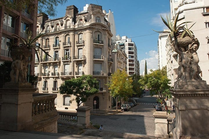 Spanish European style buildings with groomed trees lining the streets in Recoleta, Buenos Aires