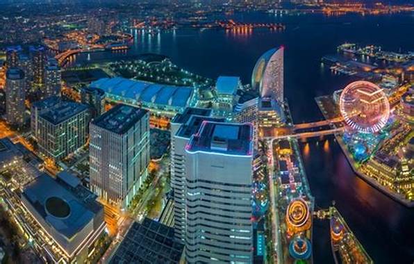 Ariel view of the brightly lit up buildings at Yokohama Waterfront at night