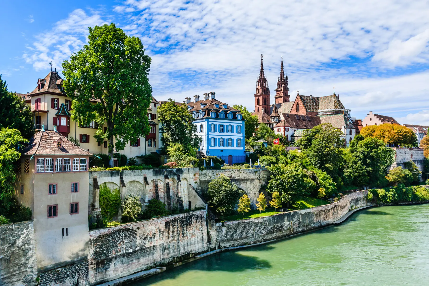 Buildings running along the Rhine River in the City of Basel, Switzerland. 