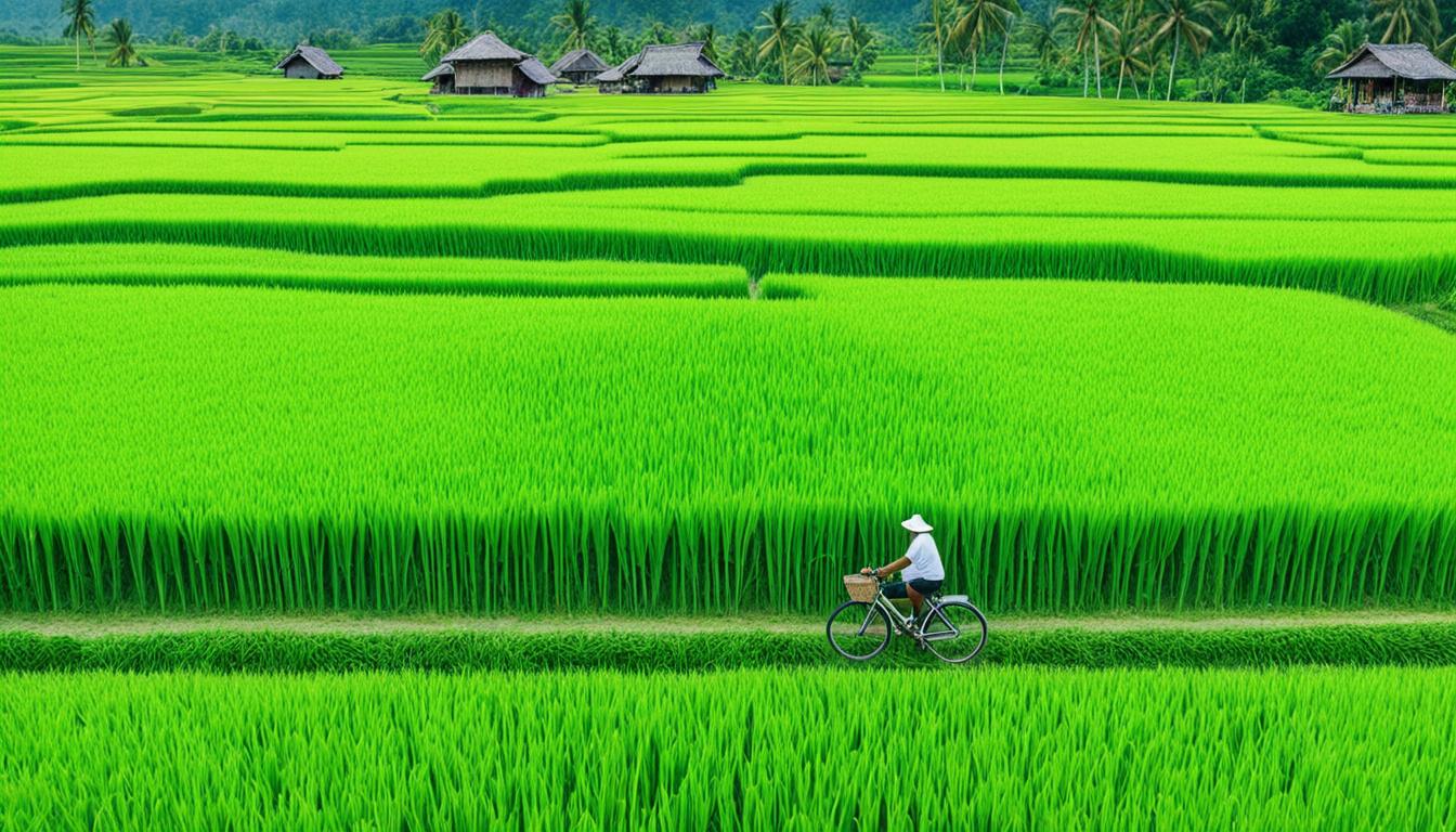 A village person riding a bicycle through a bright green rice field. 