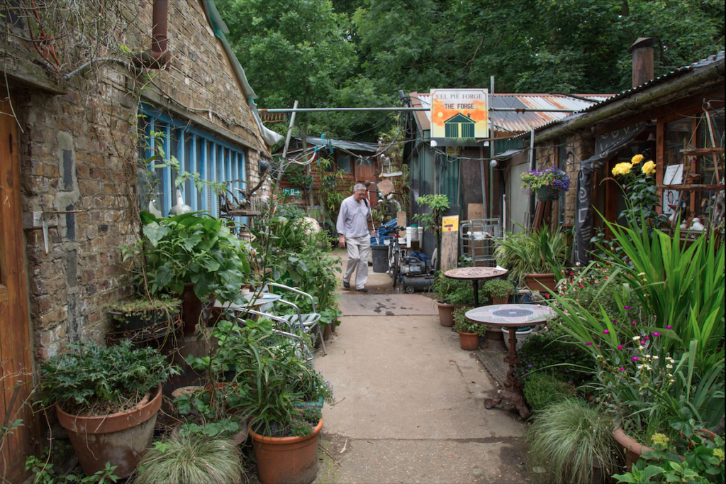 A man standing at the end of a alley between old buildings with pots and plants along the alleyway. 