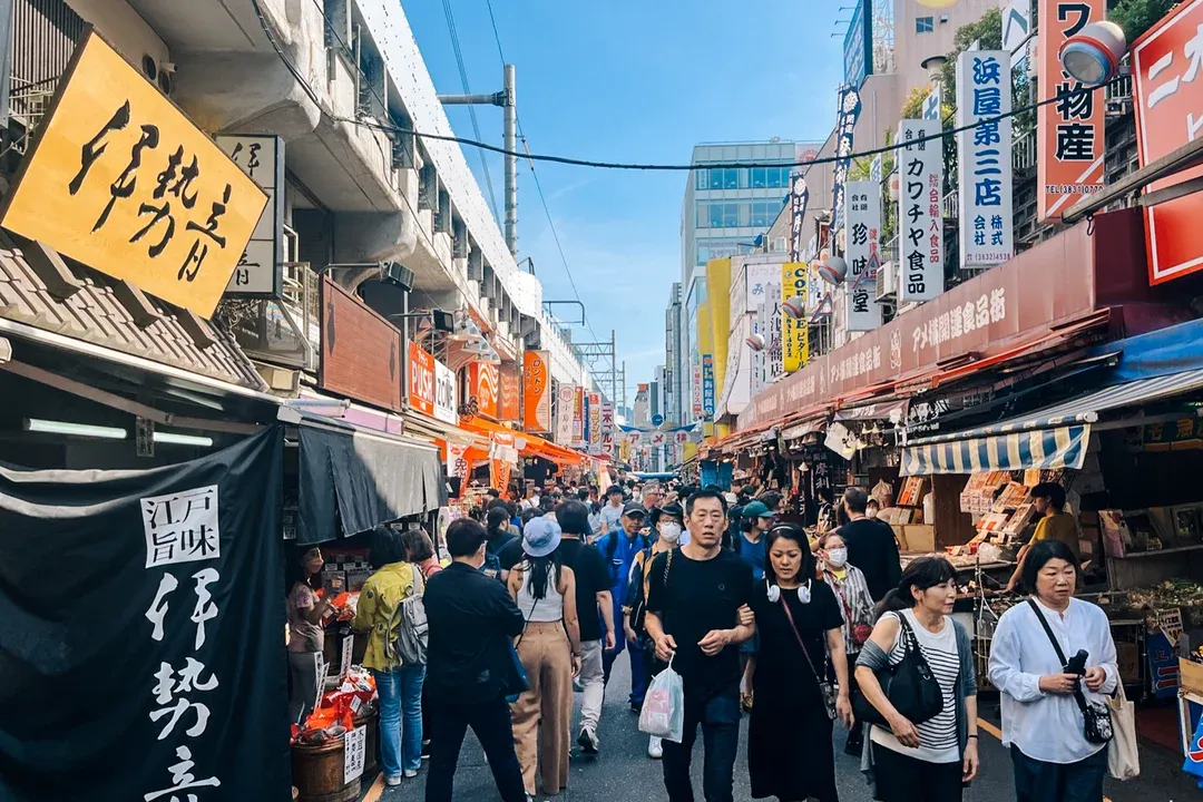 people walking the store fronts and vendors at Tsukiji Market